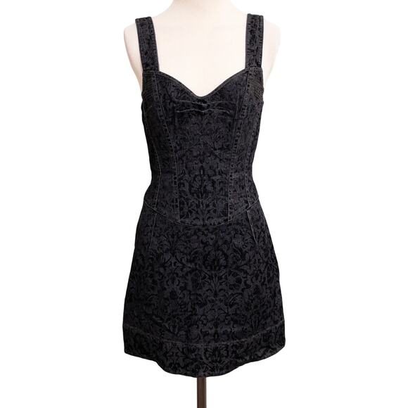 Betsey Johnson Vintage Y2K 2000s Damask Denim Floral Print Mini Dress SZ 6 - Picture 1 of 6